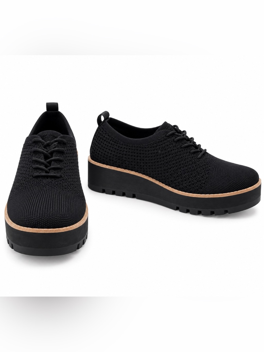 Eileen Fisher Black Knit Lace-Up Platform Boots with Tan Trim